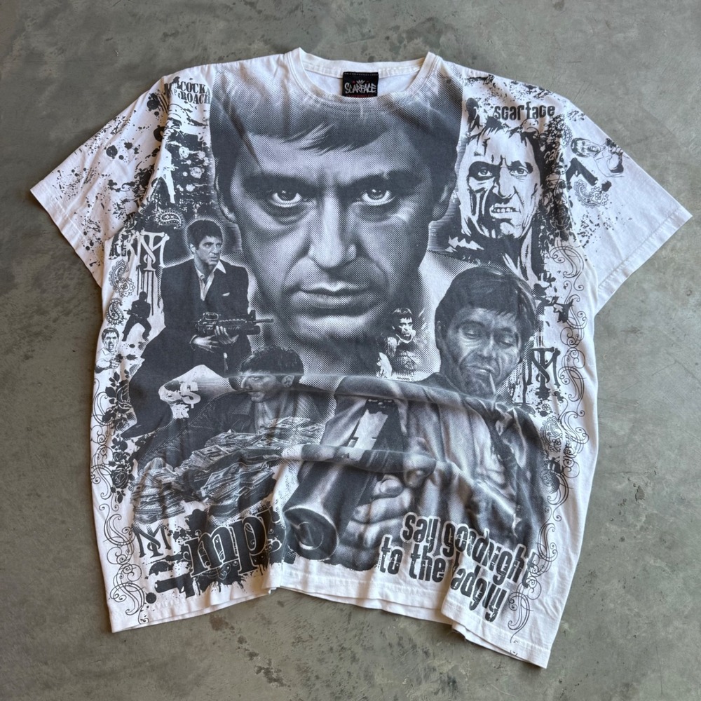 Vintage Scarface All Over Print T Shirt Tony Montana Movie Promo White 1XL